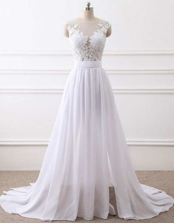 White Round Neck Lace Chiffon Long Prom Dress, White Evening Dress