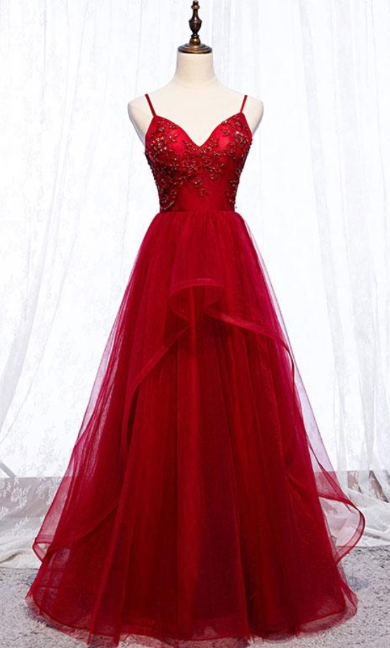 Stunning Burgundy Straps Tulle Prom Dress with Ruffles