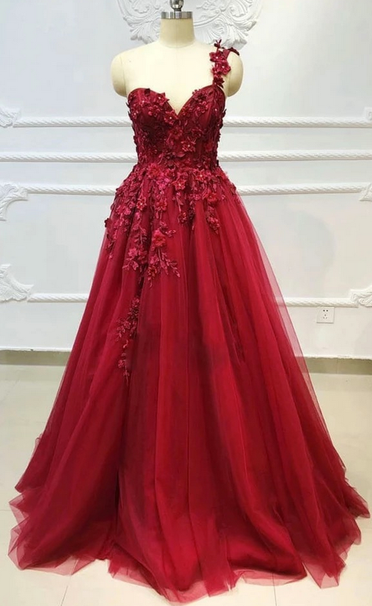 Sweetheart Burgundy Tulle Lace Long Prom Dress, Evening Dress
