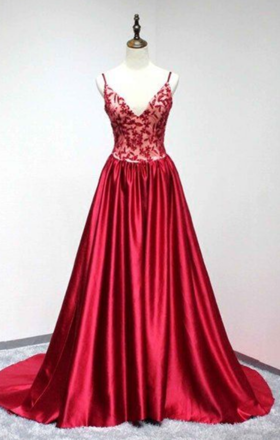 Red Satin Prom Dresses, V-neck A-line Long Formal Dress, Long Evening Dresses , Formal Women Dress, Custom Made , Fashion Long Prom Dress