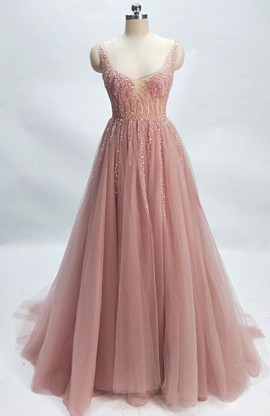 Smoking Pink Tulle V Neck Crystal See Through Long Formal Dress, Long Prom Dress,long Prom Dress, Tulle Evening Dresses