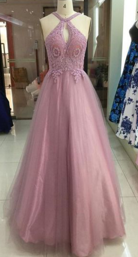 Dusty Rose Halter Lace Applique Prom Dresses,tulle Backless Beads Long Prom Dress