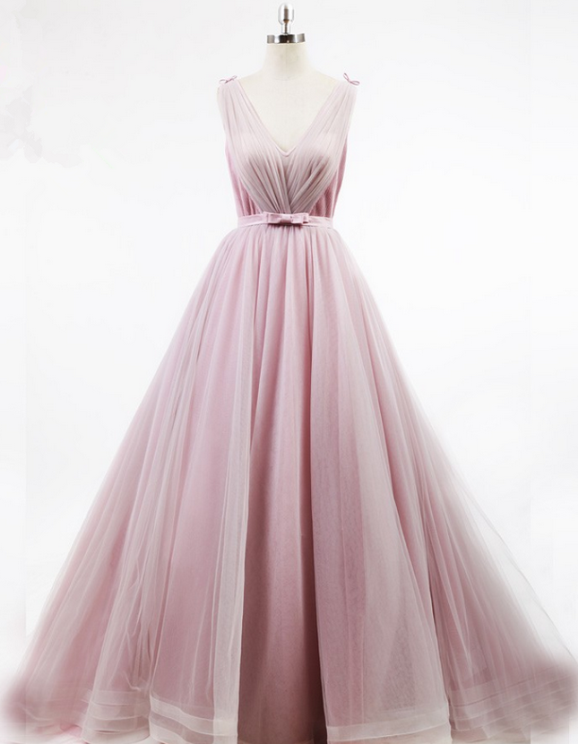 Pink Tulle Prom Dresses, See Through Long Prom Dresses,evening Dresses
