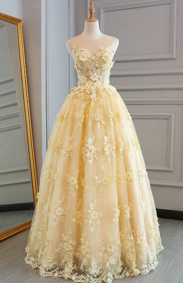 Spring yellow lace customize long A-line senior prom dress, long lace halter evening dress