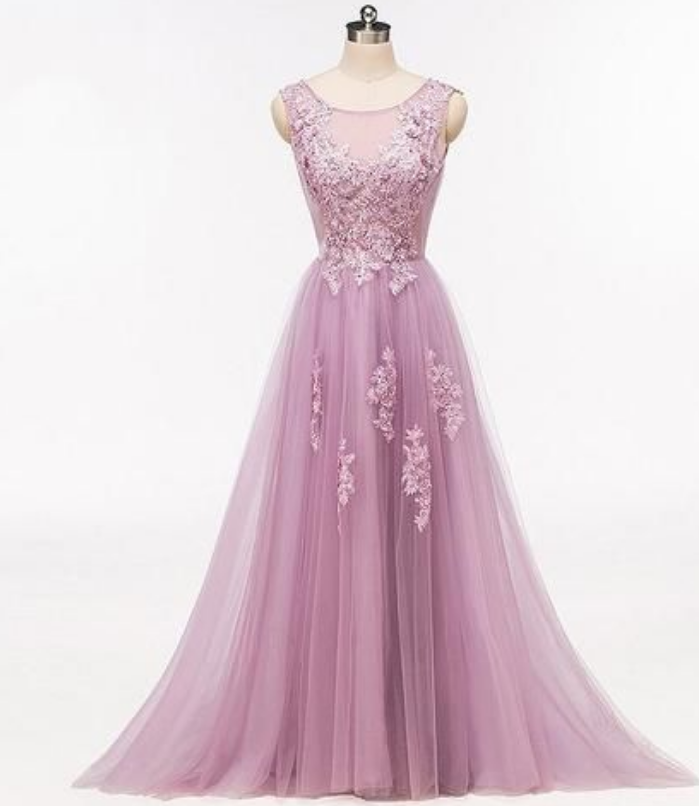 Purple Scoop Neckline Tulle Skirt Long Evening Prom Dresses, Popular Long Evening Dress