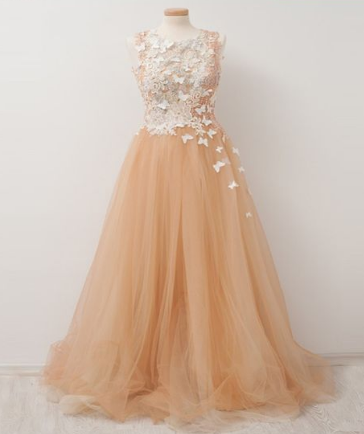 Vogue A-line Champagne Prom Dress,scoop Neckline Appliqued Tulle Long Prom Dresses Online,evening Dress