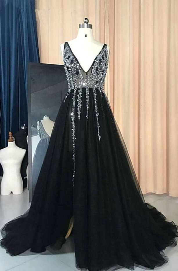 Brand Black Tulle Evening Dresses V Neck silver Sequins Prom Dresses long Slit Evening Dress on Luulla