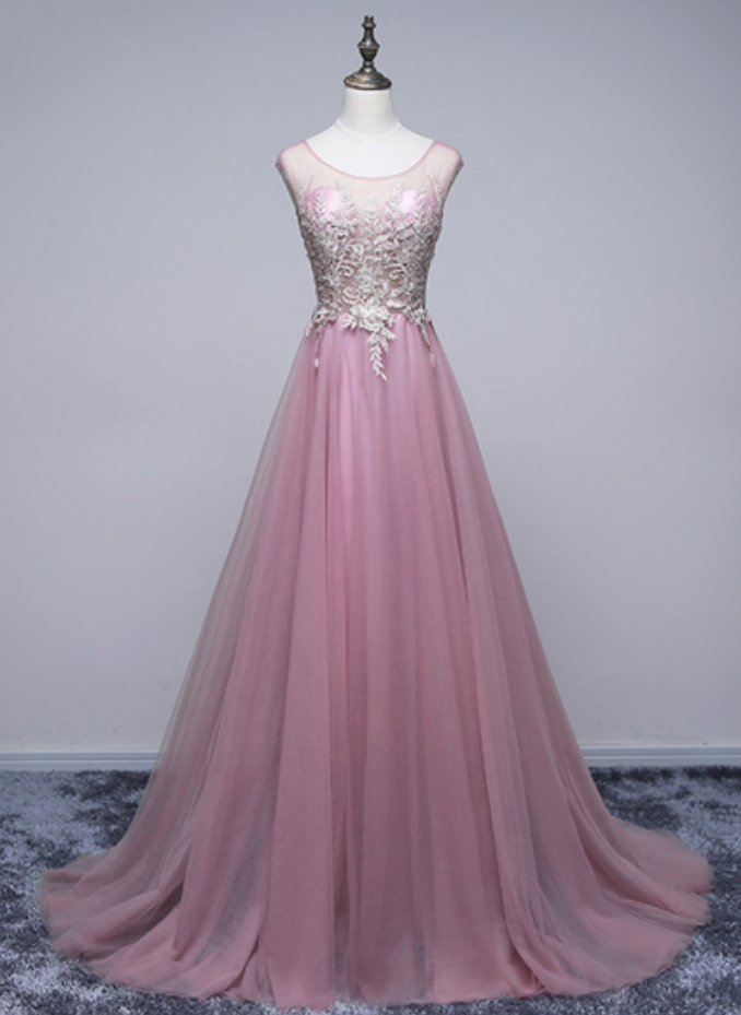 Unique Pink Tulle Prom Dresses, Scoop Neck, Long Formal Prom Dress, Pink Lace Appliques Evening Dress