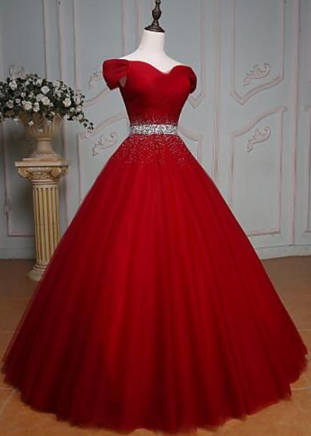 Off Shoulder Red Prom Dresses,ball Gown , Prom Dress,beading Prom Dress,red Tulle Evening Dress,sexy Off Shoulder Sleeves Red Graduation