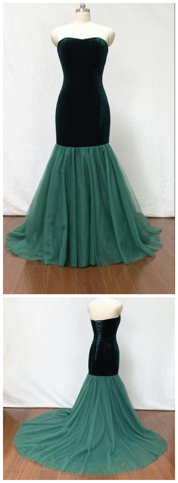 Mermaid Sweetheart Dark Green Velvet Tulle Long Prom Dress Corset Back