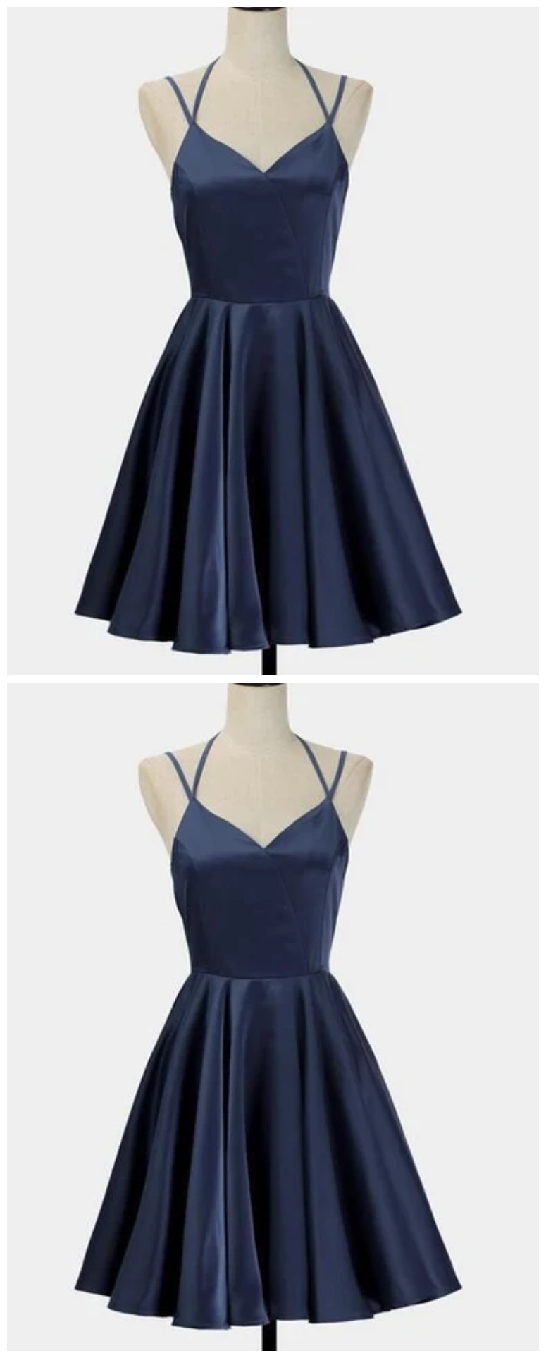 Spark Queen Simple Short Blue Sleeveless V-neck Mini Evening Dress Women Dress Satin Ruffles Spaghetti-straps Homecoming Dress
