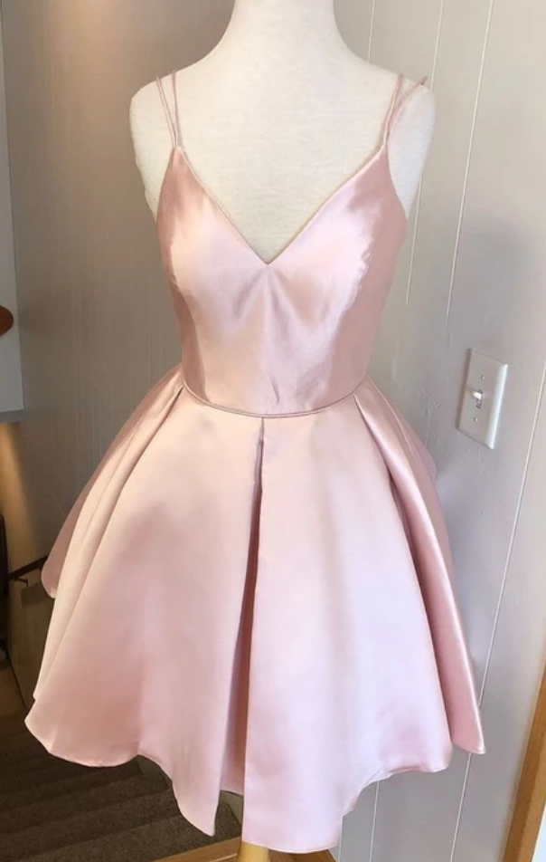 Spark Queen Pink Sleeveless V-neck Satin Mini Evening Dresses Party Dresses Spaghetti-straps Backless Homecoming Dress