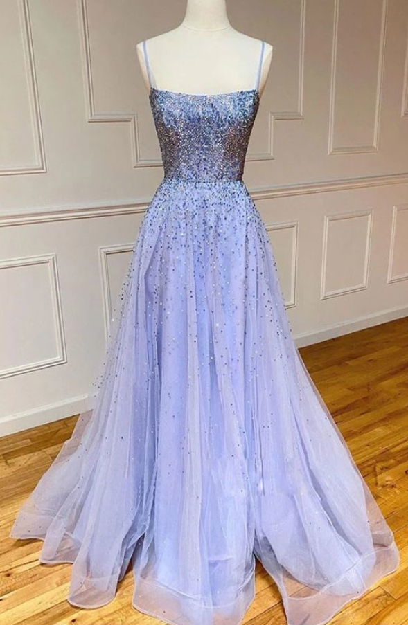 Spark Queen Purple Tulle Sequin Long Prom Dress Tulle Formal Dress