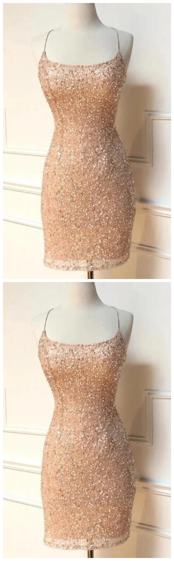 Spark Queen Elegant Peach Sequins Homecoming Dress With Spaghetti Straps