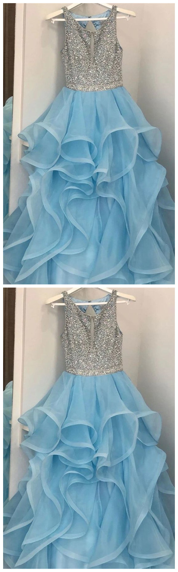 Spark Queen blue prom dresses, ruffled blue prom dresses, long blue prom dresses, aline blue prom dresses, glitter blue prom dress