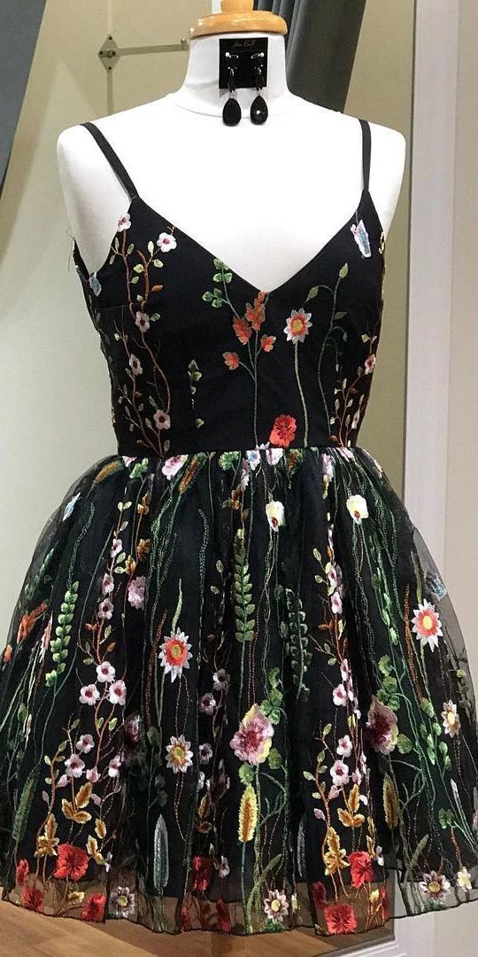 Spark Queen Spaghetti-straps V-neck Black #floral #embroidery Short Homecoming  Dress on Luulla