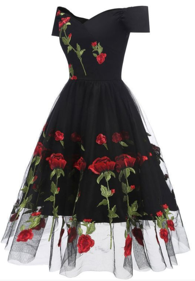Spark Queen Off-shoulder Floral Embroidery Prom Dresses Short Sleeves Party Dress