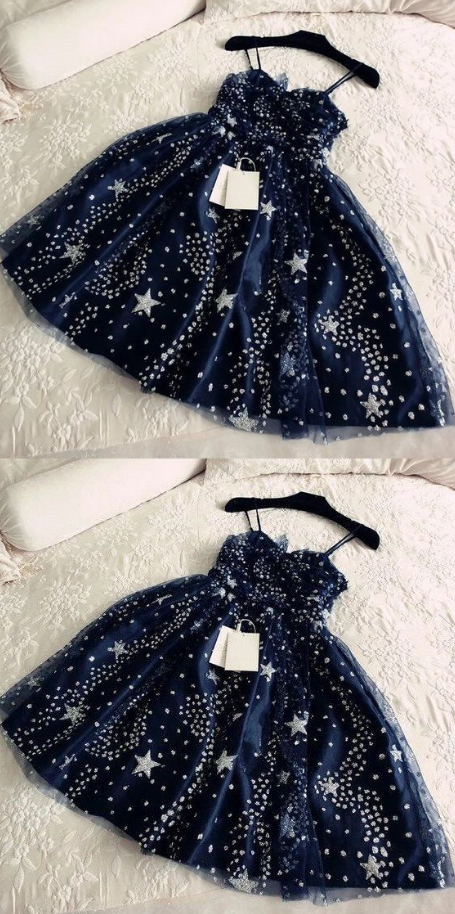 Spark Queen Spaghetti-straps Blue Sleeveless Short School Event Dress ,beaded Homecoming Dress