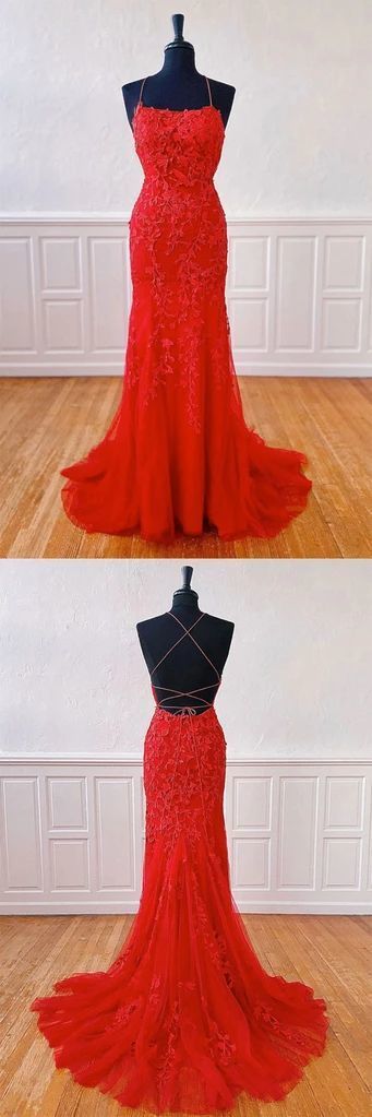 Spark Queen Red Lace Mermaid Long Prom Dress Lace Mermaid Evening Dress