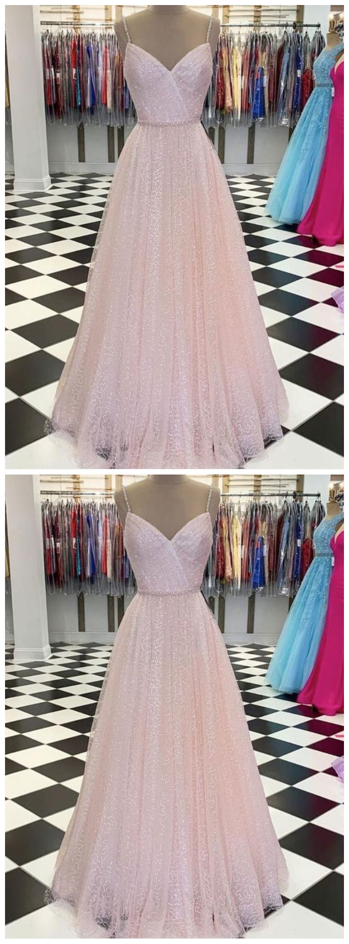 Spark Queen Pink V Neck Tulle Sequin Long Prom Dress Pink Tulle Formal Dress