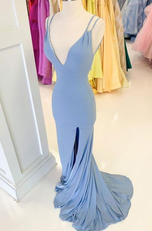 Spark Queen Simple V Neck Mermaid Long Prom Dress Blue Long Evening Dress