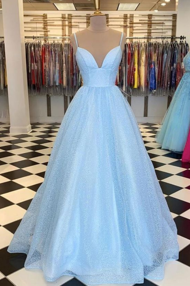 Spark Queen Blue V Neck Tulle Long Prom Dress Blue Tulle Formal Dress