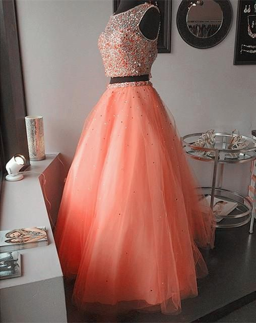 Spark Queen Modest Prom Dress,coral Pink Two Piece Ball Gowns Quinceanera Dresses With Crystal Beaded