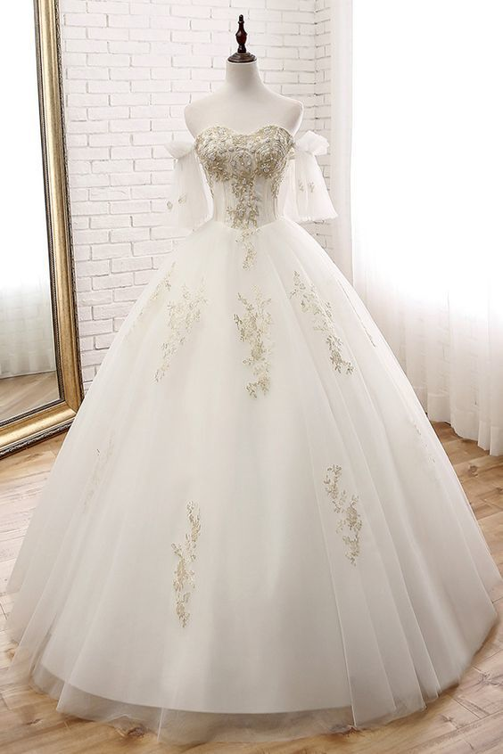 Spark Queen Pretty Tulle Off-the-shoulder Neckline Ball Gown Wedding Dress With Lace Appliques & Beadings