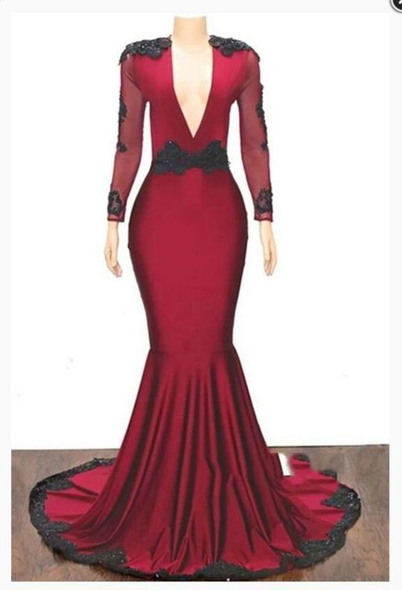 Spark Queen Long Sleeve Burgundy Mermaid Prom Dress, Open Back Evening Dress