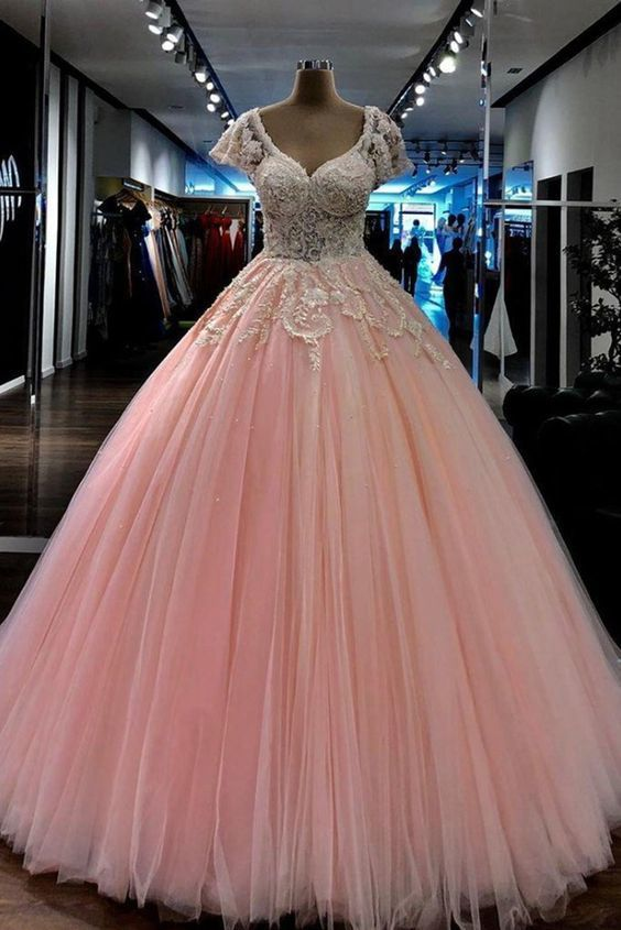 Spark Queen Light Pink Beaded Lace Ball Gown Long Prom Dress V Neck Cap Sleeves Evening Gowns Plus Size Formal Dress