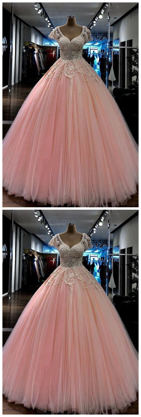 Spark Queen Light Pink Beaded Lace Ball Gown Long Prom Dress V Neck Cap  Sleeves Evening Gowns Plus S on Luulla