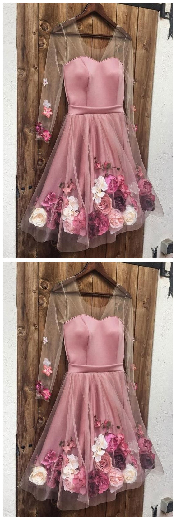 Pink V Neck 3d Applique Short Prom Dress, Long Sleeves Homecoming