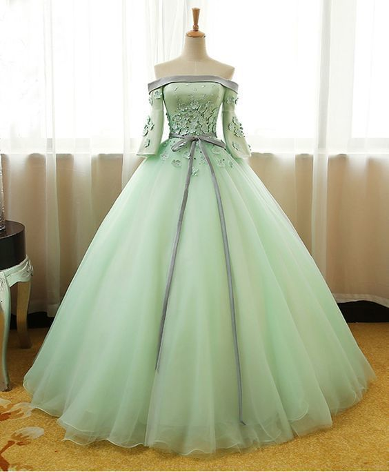 Mint Tulle Off Shoulder Mid Sleeves Long Evening Dress With Silver Gray Sash