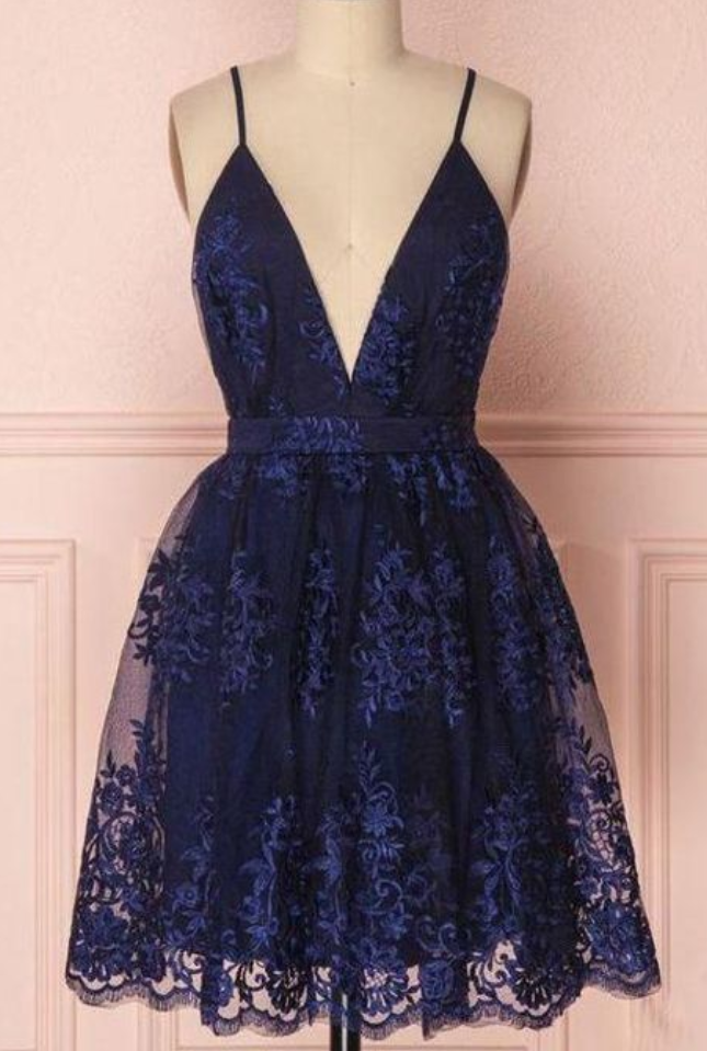 Navy Blue Deep V Neck Lace Spaghetti Straps Homecoming Dresses Short Prom Dresses