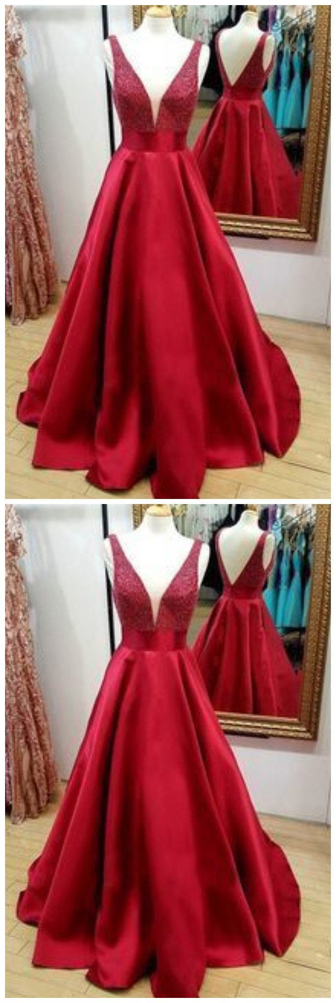 A Line V Neck Split Burgundy Satin Prom Dress with Lace LBQ0246 main image 1