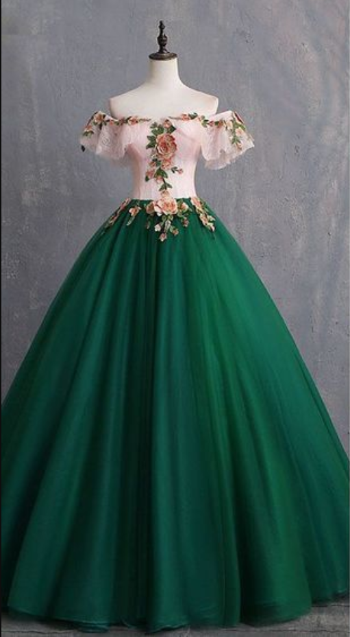 Vintage Dark Green Prom Dresses Ball Gown Appliques Lace Off-the-shoulder Short Sleeve Backless Floor-length / Long Formal Dresses