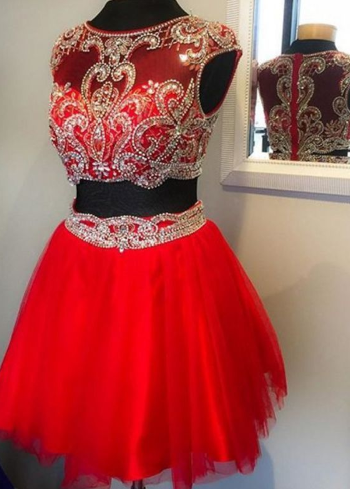 Red Two Piece Prom Dresses With Beaded Waistline, Illusion Beaded Prom Dresses, Short Cap Sleeve Tulle Prom Gowns