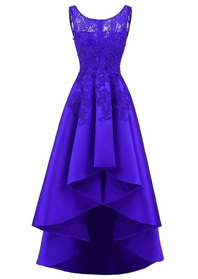 Pretty Tulle & Satin Scoop Neckline Hi-lo A-line Prom Dresses With Fix Rhinestones & Lace Appliques