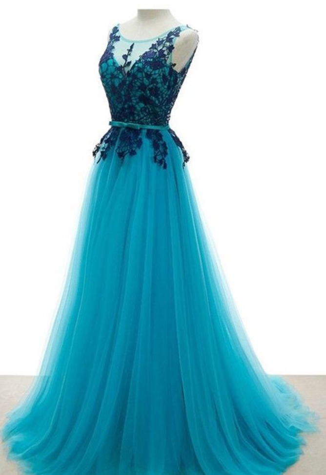 Backless Tulle Lace Blue Elegant Party Gowns, Prom Dresses