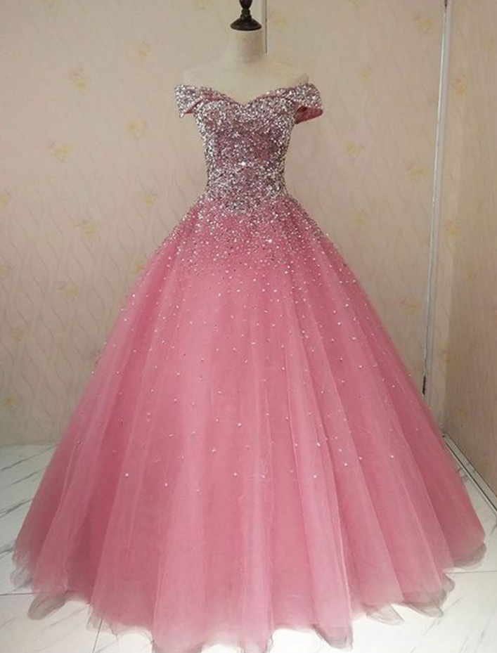 Pink Sweetheart Neck Tulle Sequin Long Prom Dress, Sweet 16 Dress, Pink Tulle Sequin Formal Dress