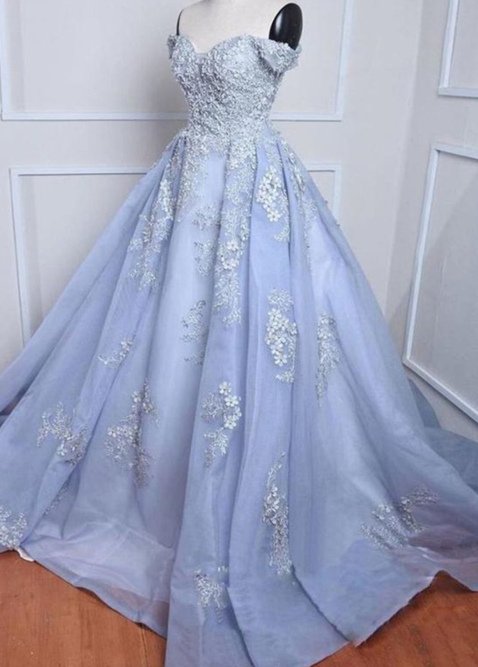 Blue Tulle Off Shoulder Long Quinceanera Dress, Sweet 16 Prom Dress With Sleeve