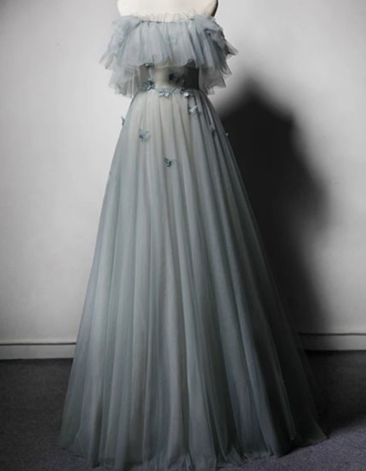 Gray Tulle Off Shoulder Custom Size Long Senior Prom Dress, Evening Dress