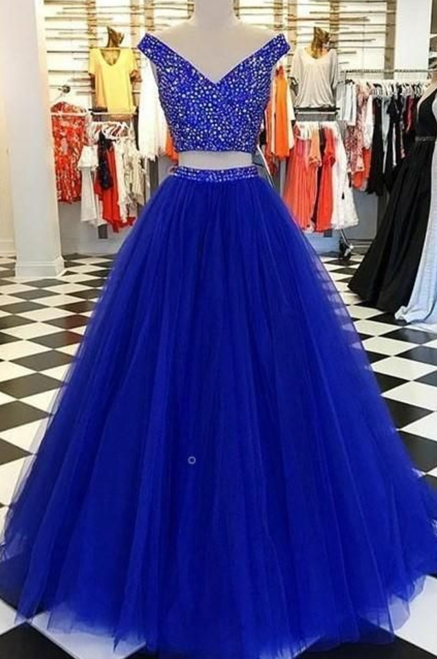 Rhinestones Evening Dress Two-piece Prom Gowns With Royal Blue Tulle Skirt