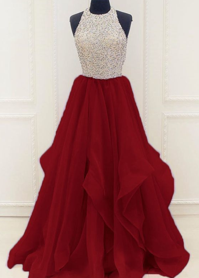Gorgeous Beaded Sequins Prom Dresses Keyhole Organza Sweet Party Gown