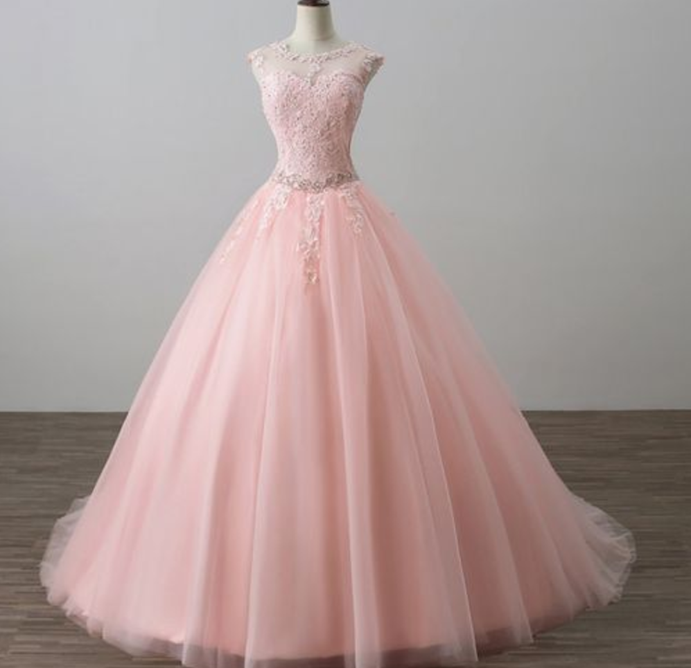 Long Pink Formal Dresses Featuring Sheer Neck And Lace Applique Bodice