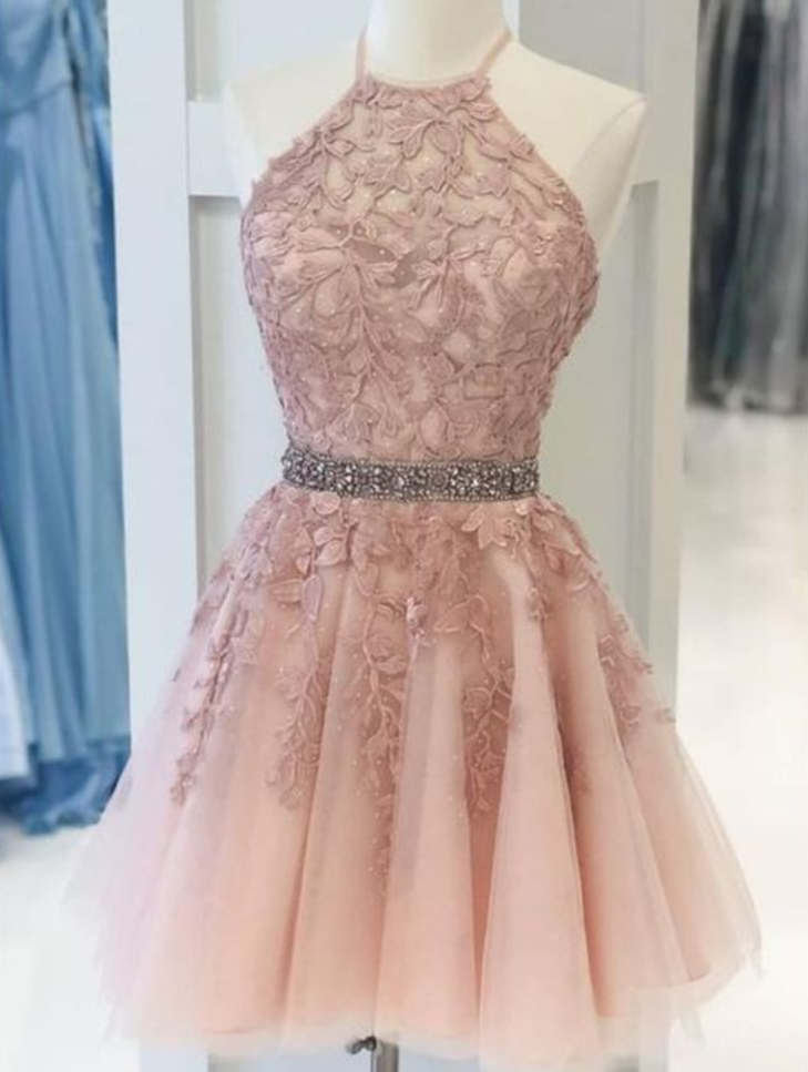 Halter Lace Blush Pink Homecoming Dress,beading Semi Formal Cocktail Dress