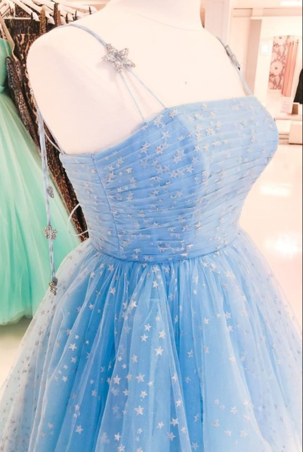 Beautiful Blue Long Prom Dress Formal Dress With Silver Stars
