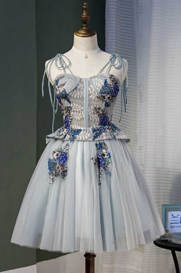 Gray A Line Tulle Homecoming Dresses With Appliques