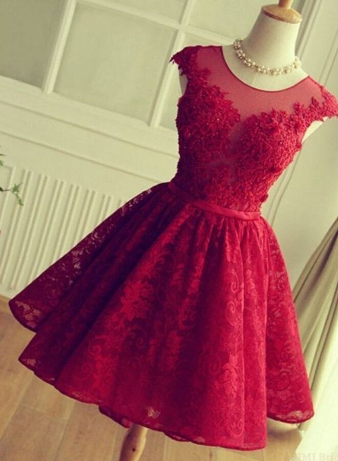 A-line Crew Cap Sleeves Red Lace Homecoming Dress With Appliques