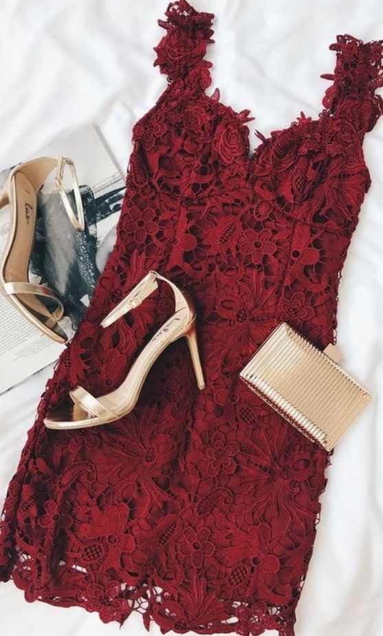A Line Lace Cute Homecoming Dress, Burgundy Short Party Dress